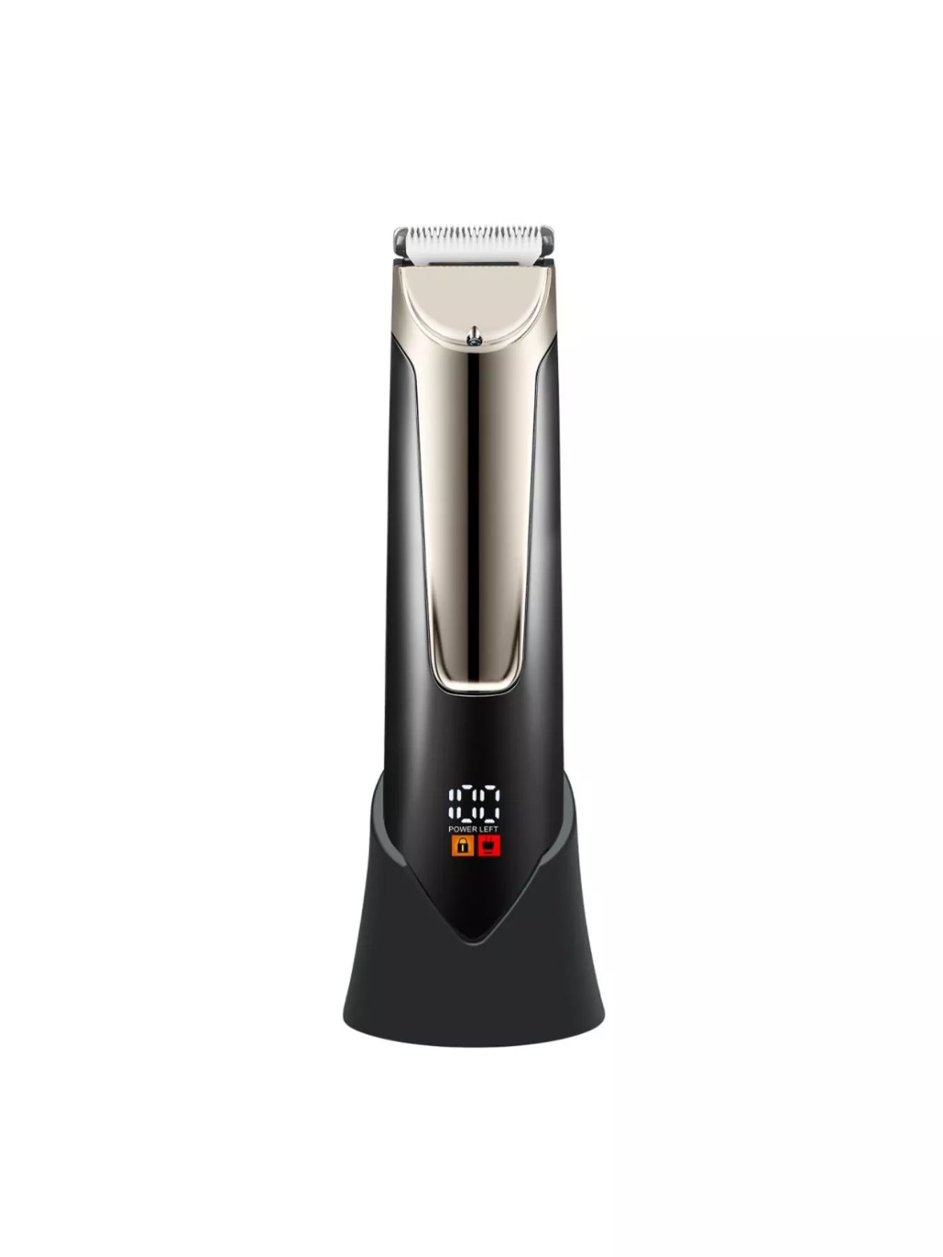 Men's waterproof electric trimmer with LCD display and dock charging, black Trendsi grooming device for precise trimming.