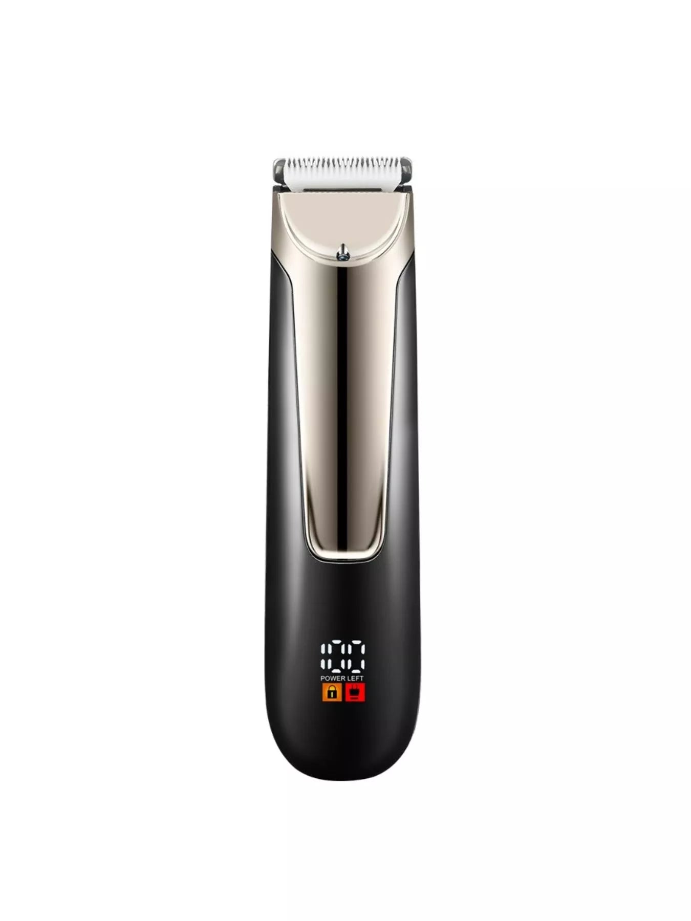 Men's waterproof electric trimmer with LCD display and dock charging, black Trendsi grooming tool for precise trimming.