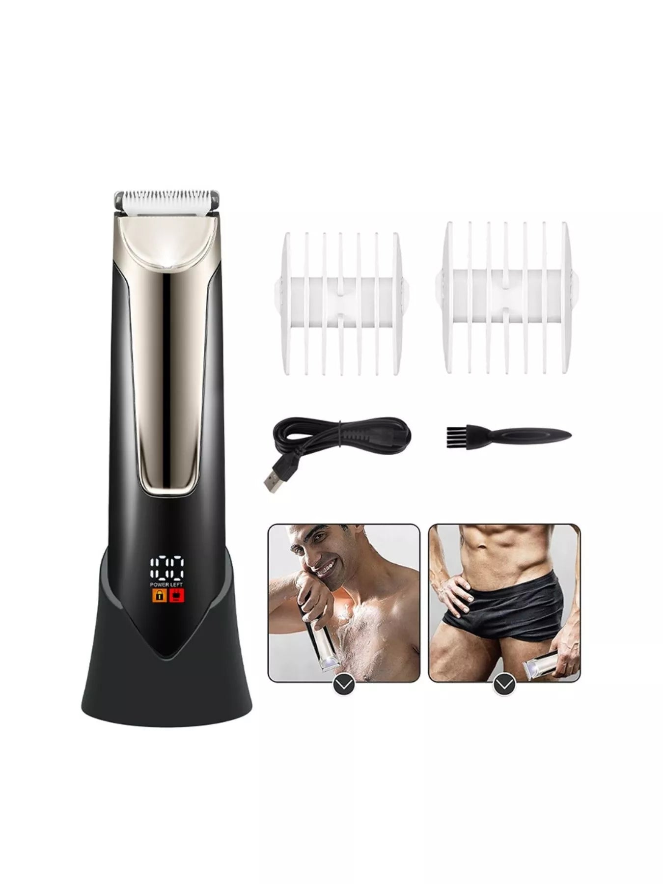 Men's waterproof electric trimmer with LCD display and dock charging, black Trendsi grooming tool for precise trimming.