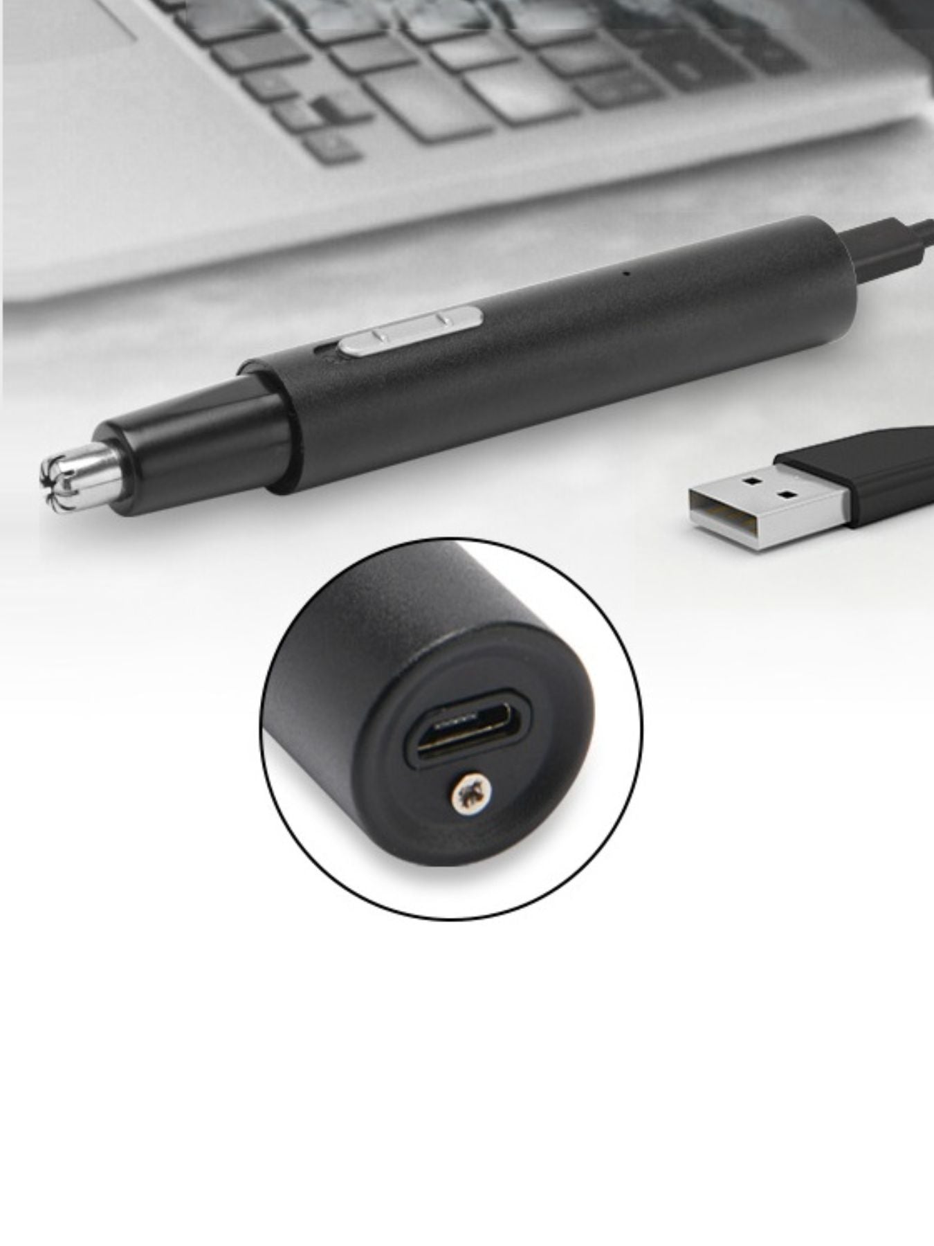 Black Trendsi multifunctional rechargeable nose hair trimmer with ergonomic design and precision blades for grooming.
