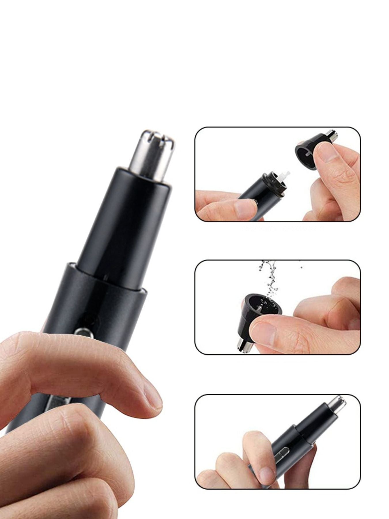 Black Trendsi rechargeable multifunctional nose hair trimmer with ergonomic design and interchangeable attachments.