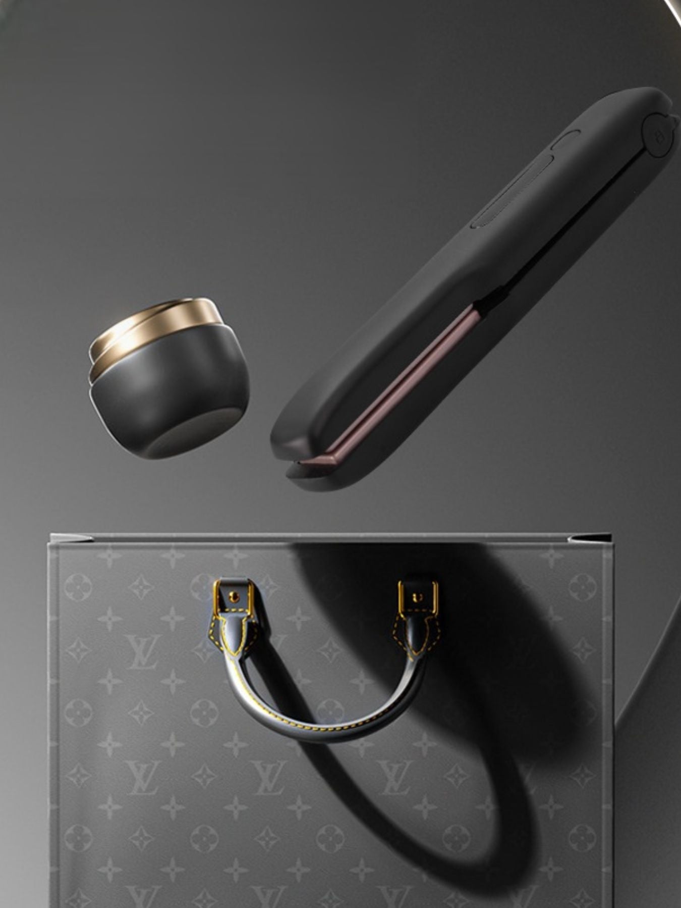Black portable cordless hair straightener by Trendsi, compact design with ceramic plates for on-the-go styling.