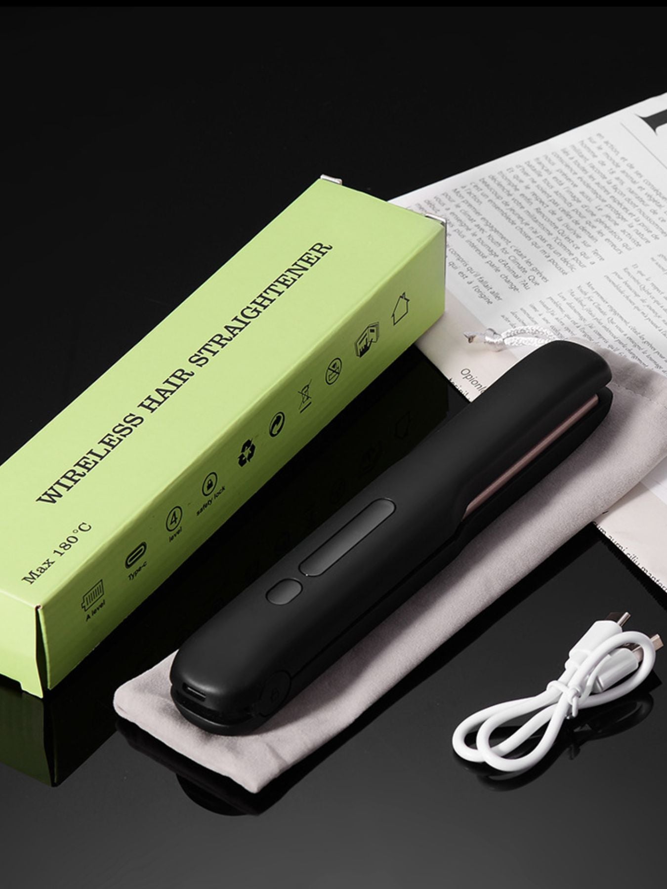 Black portable cordless hair straightener by Trendsi, compact and ergonomic for quick styling on the go.
