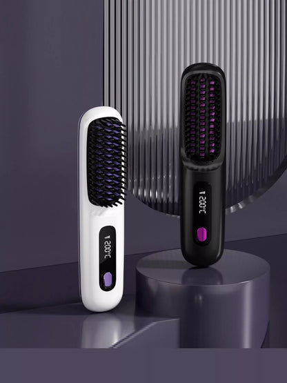 Black portable straightening comb by Trendsi with fast heating and compact design for quick hair styling.