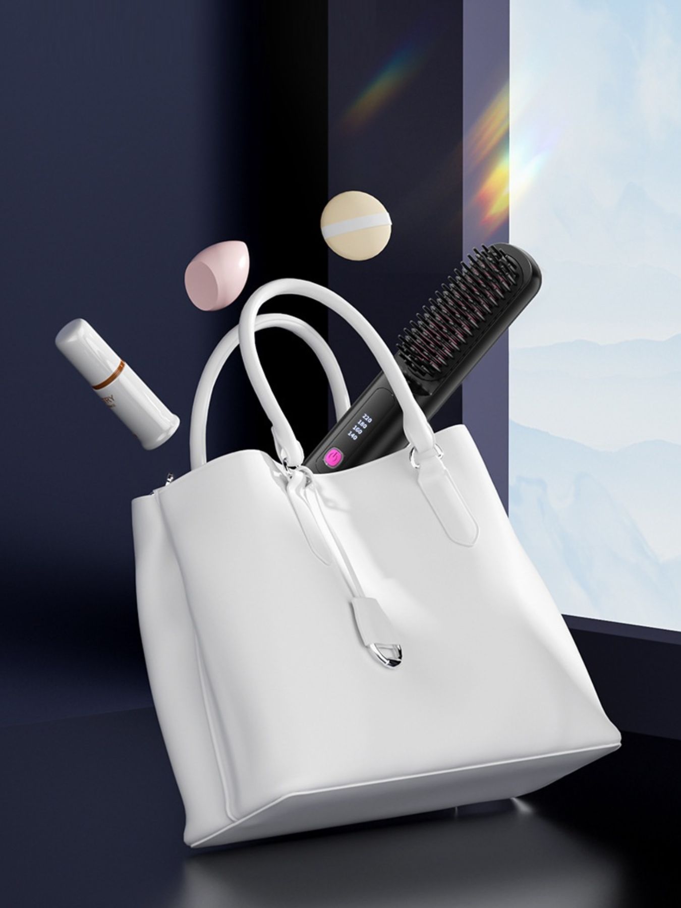 Black portable heated hair straightening comb by Trendsi, showing the compact device with heating plates for styling hair.