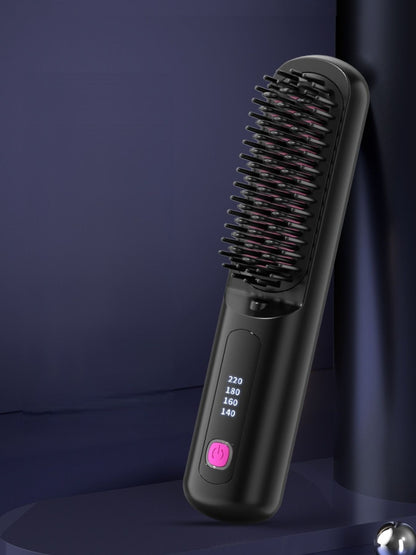 Black portable heated hair straightening comb by Trendsi, compact design with heated plates for easy styling.