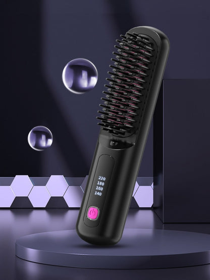 Black portable heated hair straightening comb by Trendsi with adjustable temperature and ergonomic handle.