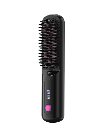 Black portable heated hair straightening comb by Trendsi, compact design with adjustable temperature for quick styling.