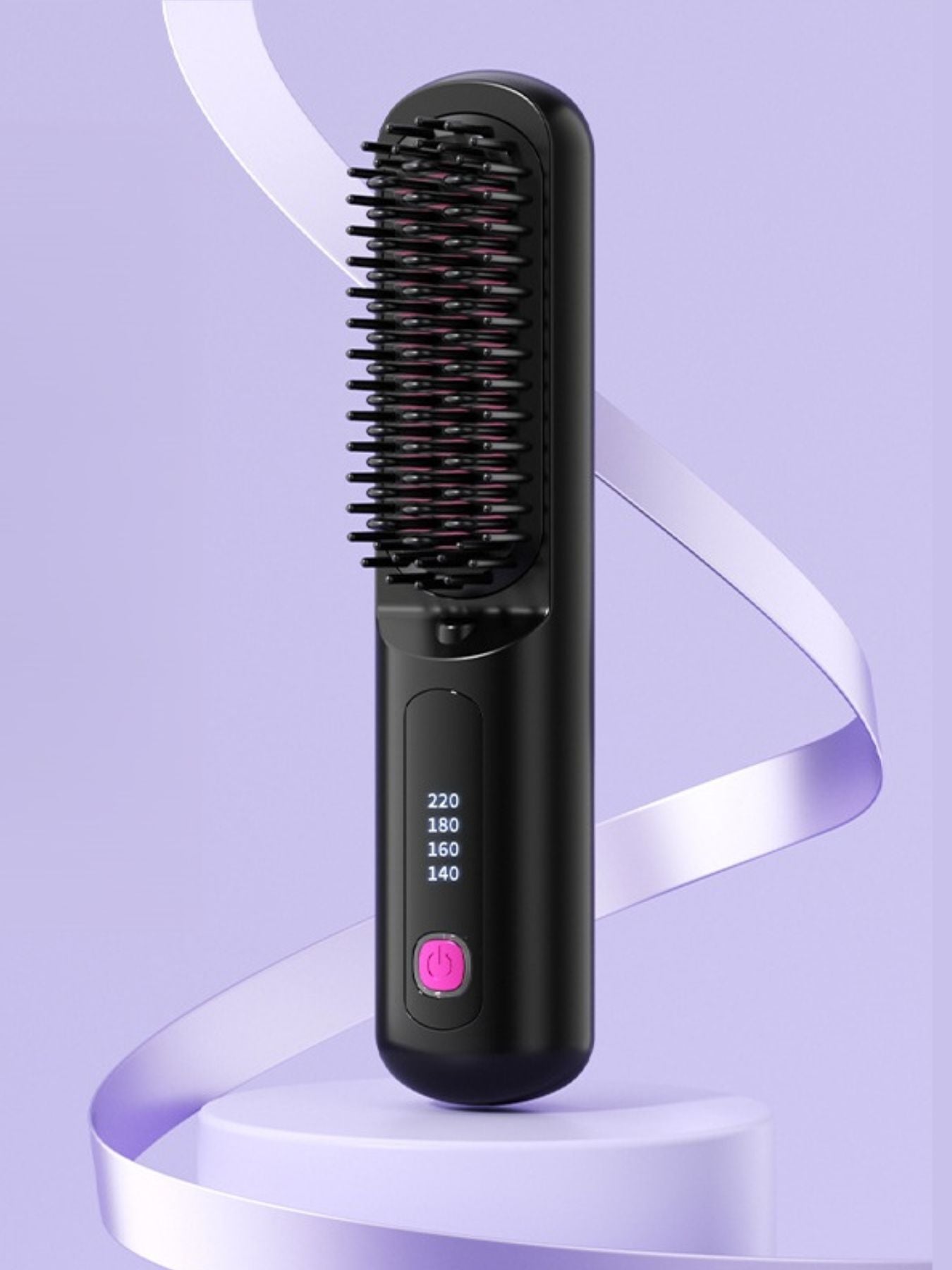 Black portable heated hair straightening comb by Trendsi, showing the compact design with heated ceramic teeth for styling.