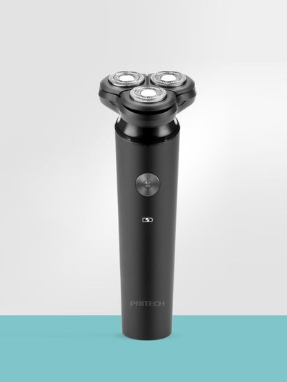 Black rechargeable 3-head rotary shaver from Trendsi with a sleek design and ergonomic handle for a smooth shave.