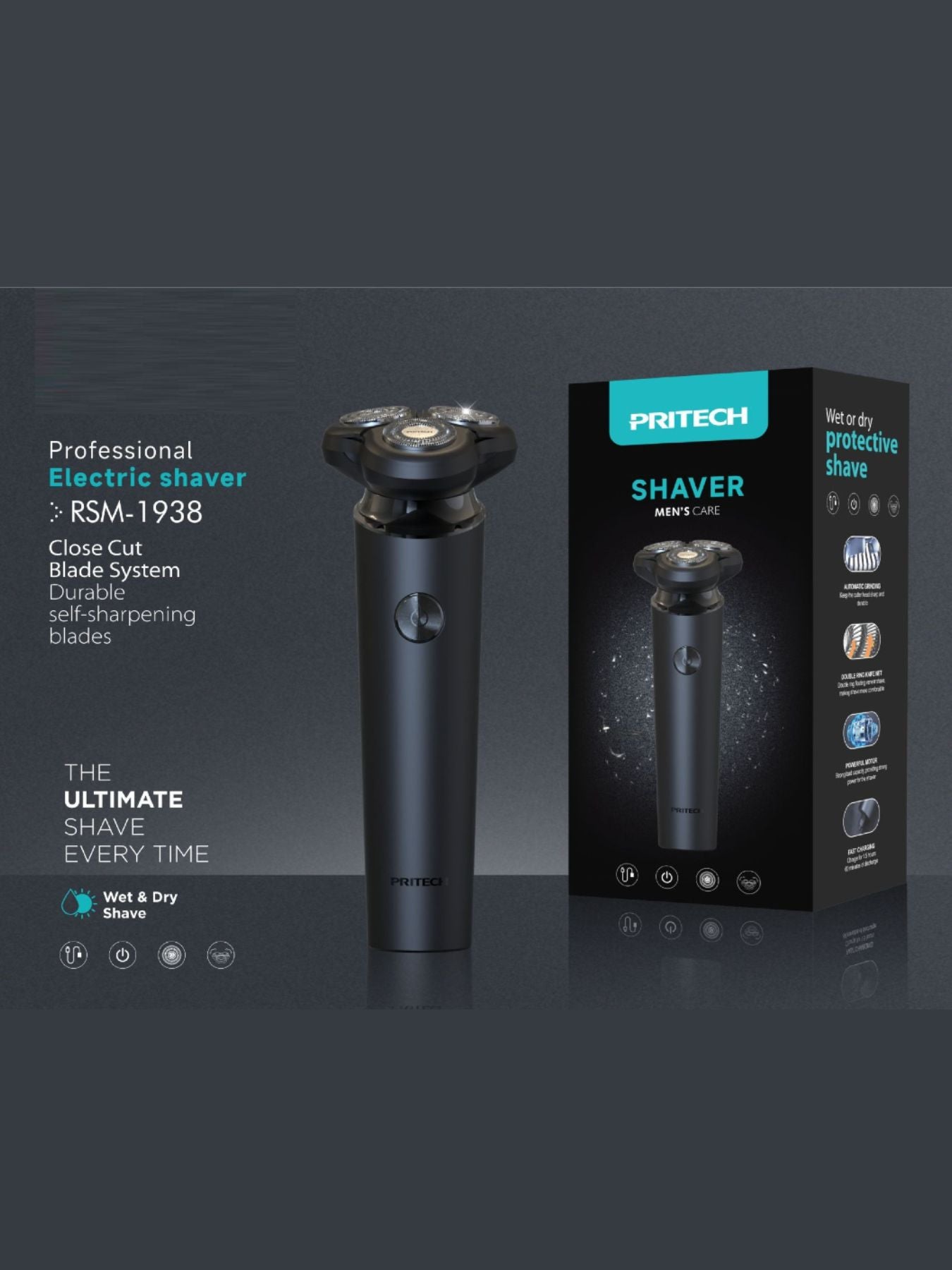 Black rechargeable 3-head rotary shaver from Trendsi with ergonomic design and adjustable head for a close, comfortable shave.