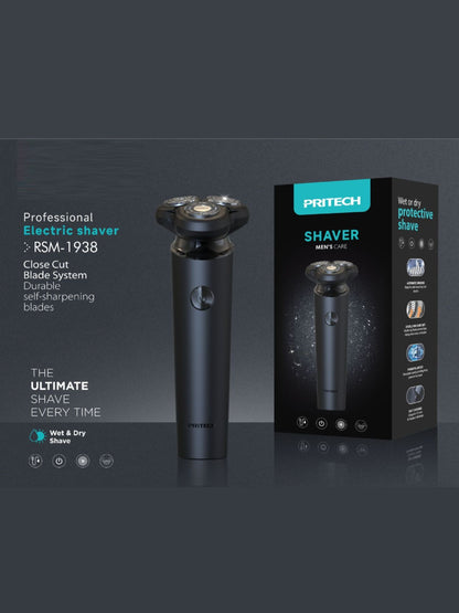 Black rechargeable 3-head rotary shaver from Trendsi with ergonomic design and adjustable head for a close, comfortable shave.