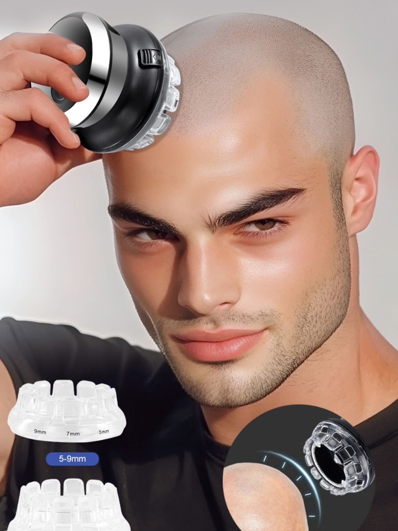 Rechargeable bald head hair clipper by Trendsi in black, showing the clipper with a sleek design and adjustable blade for grooming.