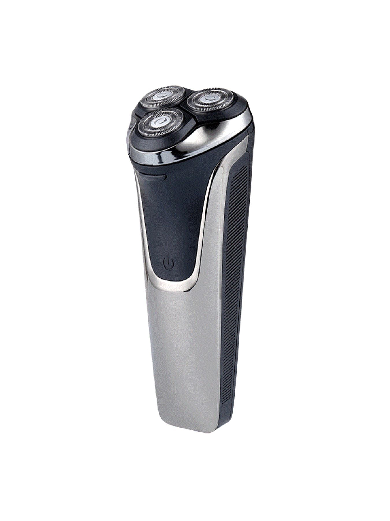 Black rechargeable electric rotary shaver from Trendsi with multiple rotary heads for close, comfortable grooming.