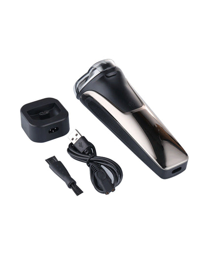 Black rechargeable electric rotary shaver from Trendsi with multiple rotary heads for close, comfortable shaving.