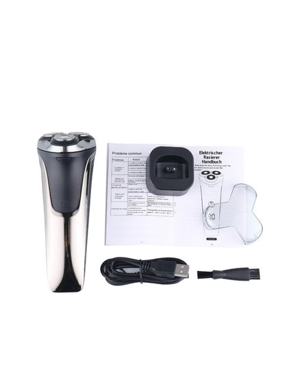 Black rechargeable electric rotary shaver from Trendsi with a sleek design and multiple rotary heads for close grooming.