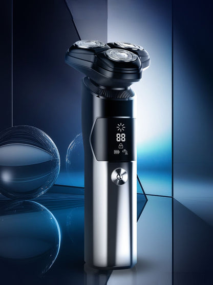 Black rechargeable electric rotary shaver with LED display, Trendsi brand, featuring multiple rotary blades for a close shave.