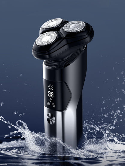 Trendsi rechargeable electric rotary shaver with black finish and LED display showing battery status and shaving modes.