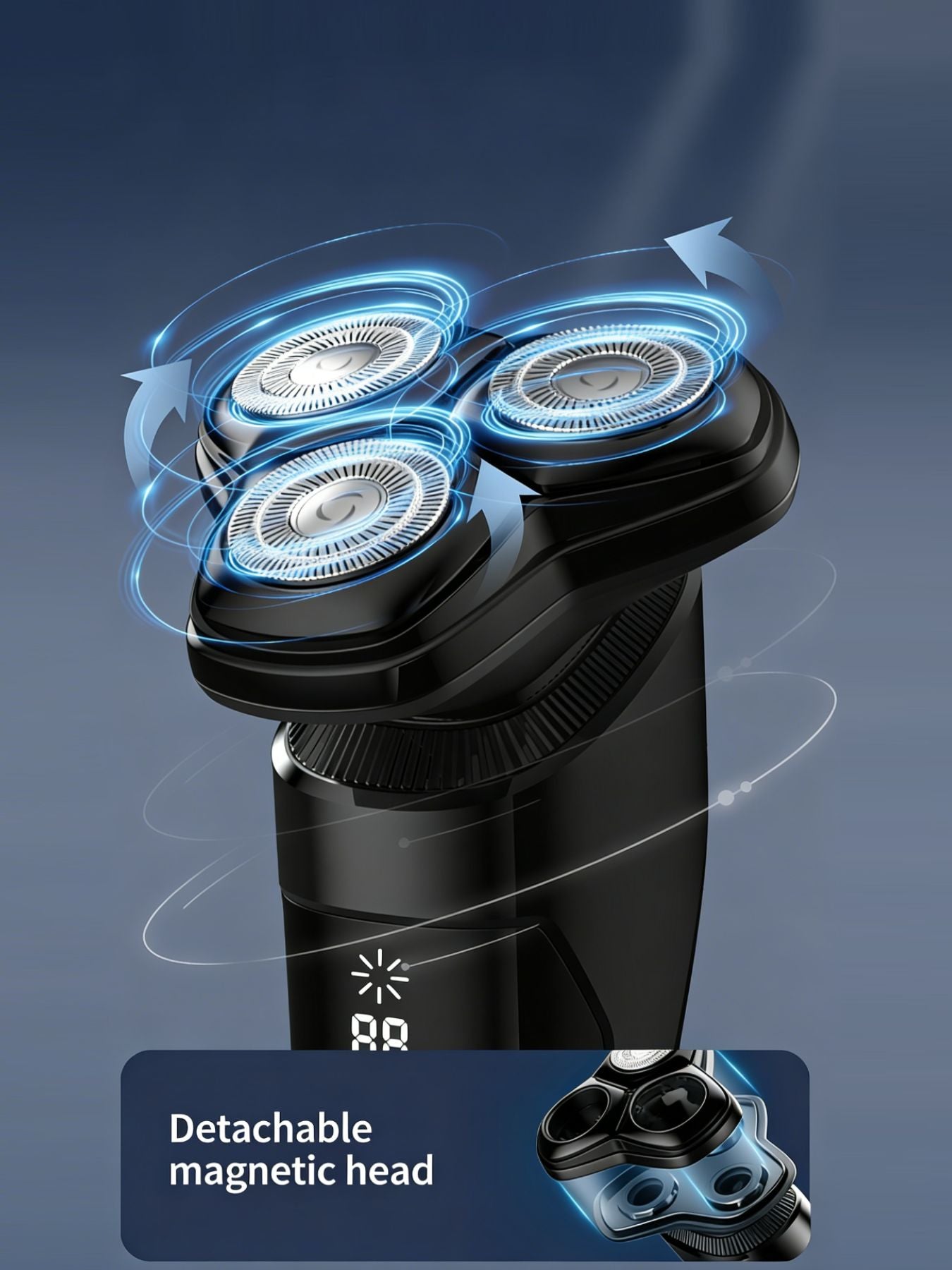 Black rechargeable electric rotary shaver with LED display and ergonomic design, perfect for smooth and convenient grooming.