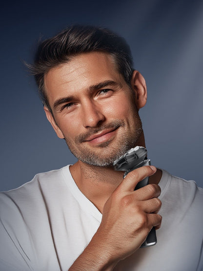 Black rechargeable electric rotary shaver with LED display from Trendsi, showing a close-up of the shaver's head and sleek design.