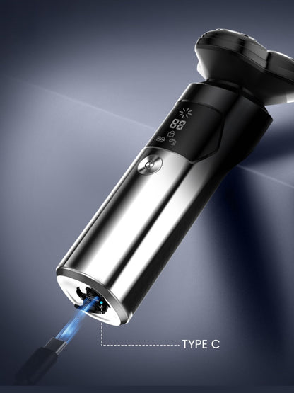Black rechargeable electric rotary shaver with LED display, designed for smooth grooming and easy battery status monitoring.