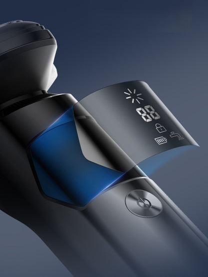 Black rechargeable electric rotary shaver with LED display, designed for a smooth shave and easy battery monitoring.