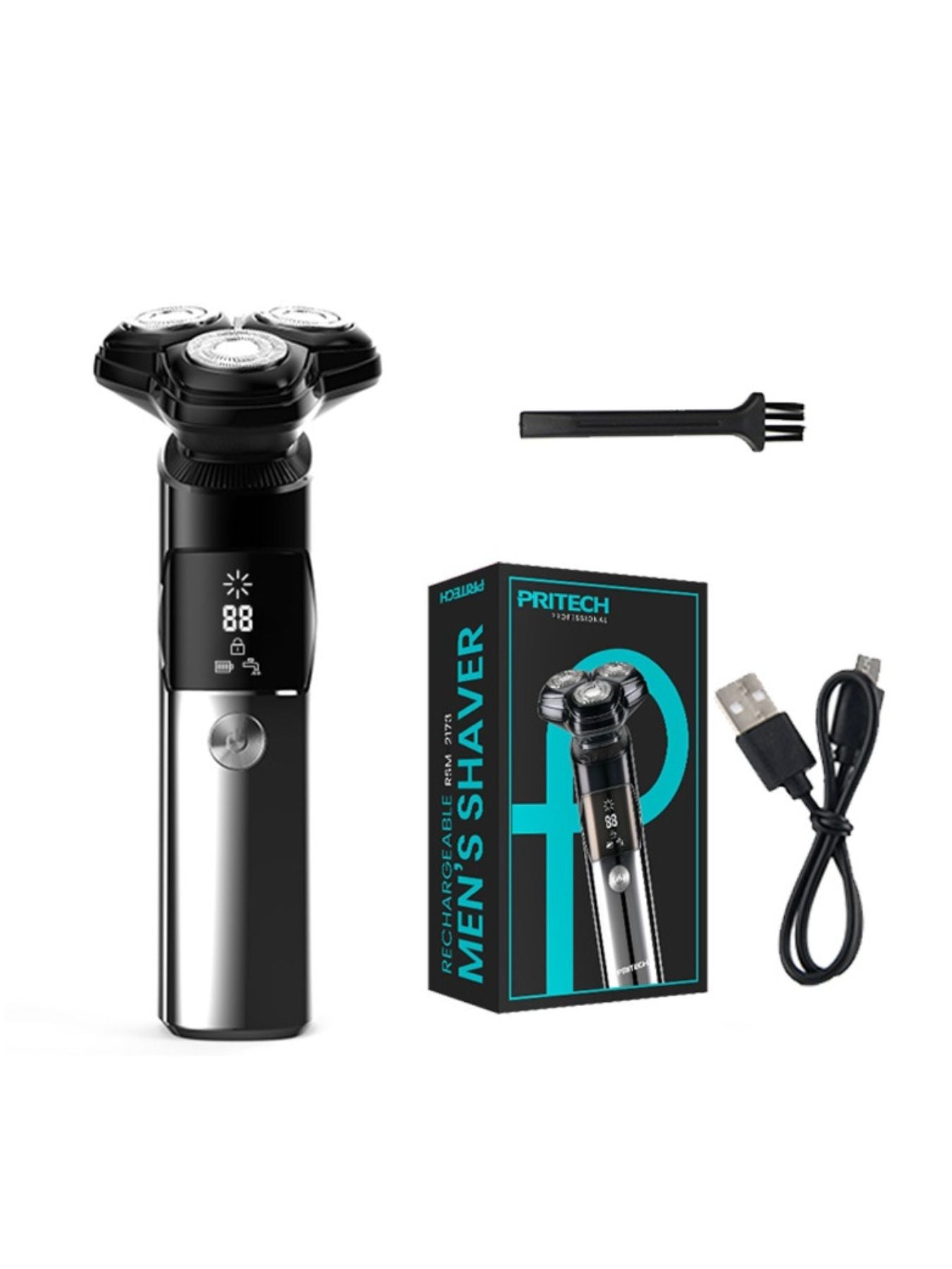 Black rechargeable electric rotary shaver with LED display from Trendsi, featuring multiple shaving heads and ergonomic design.