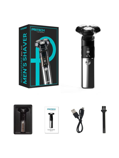Black rechargeable electric rotary shaver with LED display, Trendsi brand, featuring multiple shaving heads and ergonomic design.