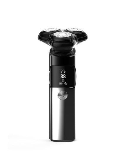 Black rechargeable electric rotary shaver with LED display, ideal for smooth grooming and precise trimming.