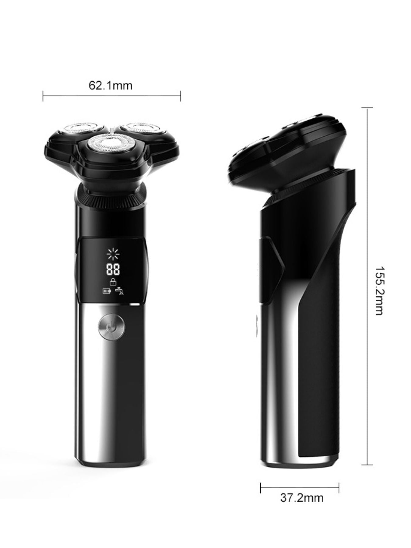Black rechargeable electric rotary shaver with LED display from Trendsi, showcasing multiple rotary blades and ergonomic design