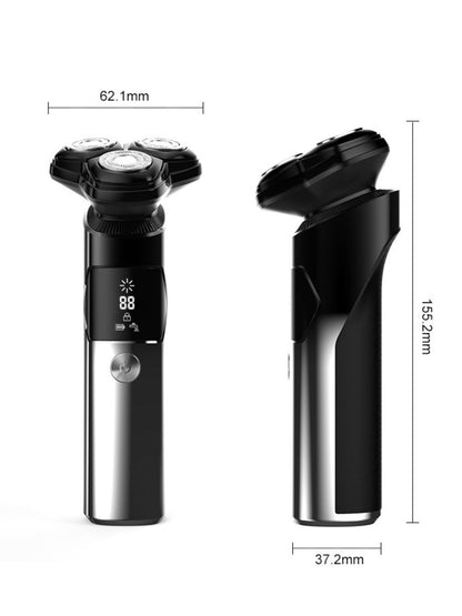 Black rechargeable electric rotary shaver with LED display from Trendsi, showcasing multiple rotary blades and ergonomic design