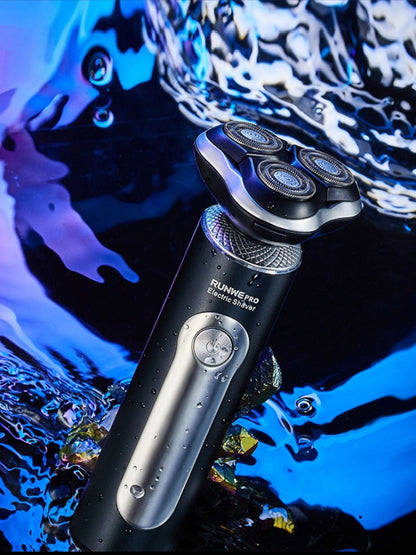 Black Trendsi rechargeable electric shaver with a sleek design, showing the shaver's close-cut blades and ergonomic handle.