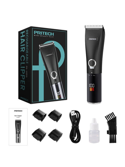 Black rechargeable hair clipper from Trendsi with a sleek design, featuring adjustable blades and ergonomic grip for easy styling.