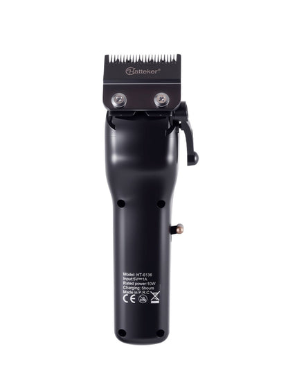 Black rechargeable hair clipper from Trendsi with adjustable blades, compact design, and ergonomic grip for easy grooming.