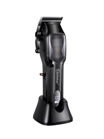 Black rechargeable hair clipper from Trendsi with adjustable blades, designed for professional grooming and easy handling.