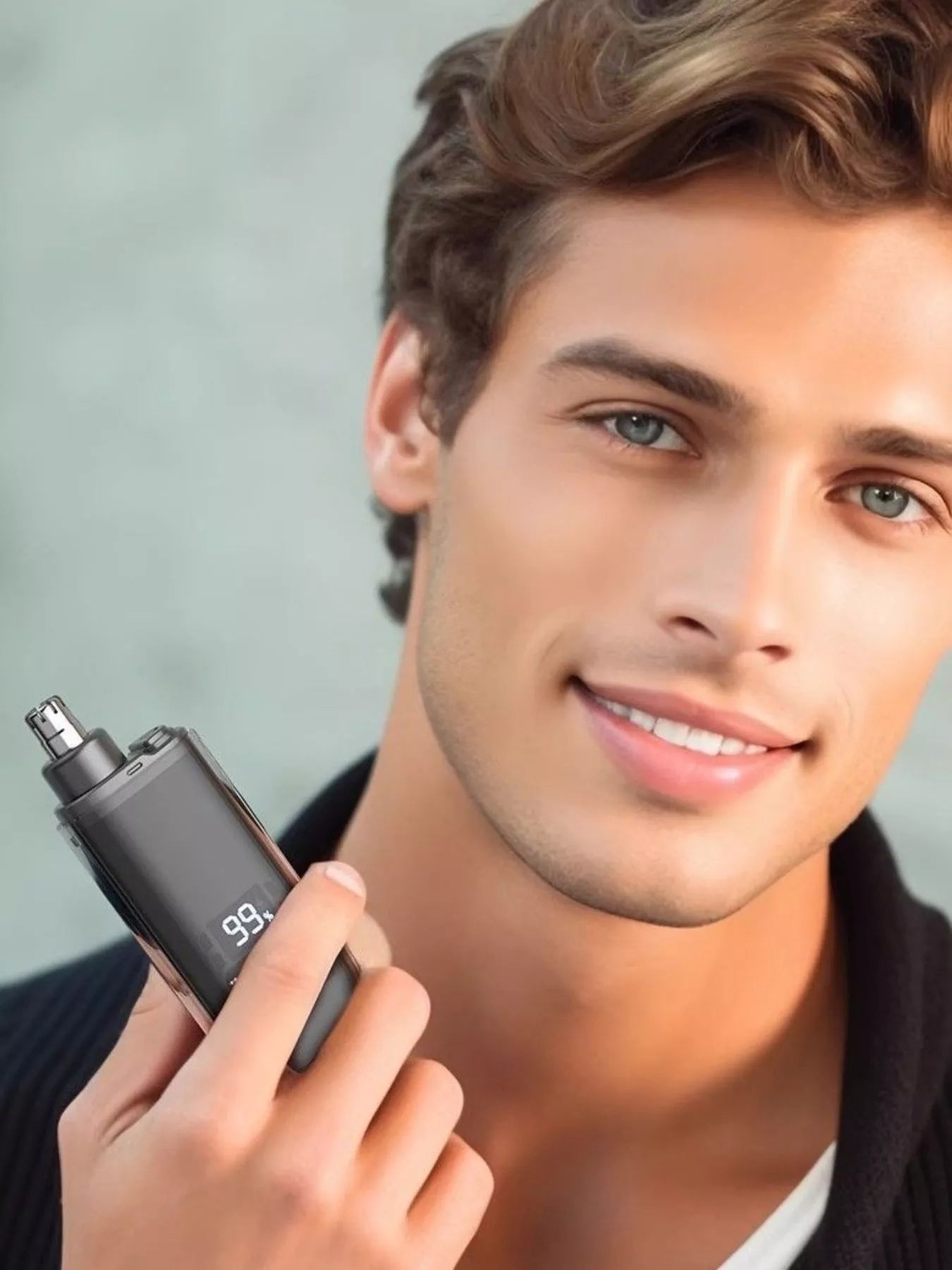 Rechargeable LED display nose hair trimmer by Trendsi with black body and compact design, featuring a built-in LED for visibility.
