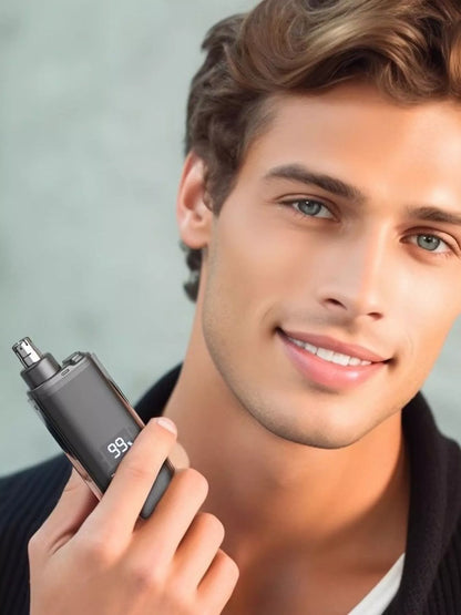 Rechargeable LED display nose hair trimmer by Trendsi with black body and compact design, featuring a built-in LED for visibility.