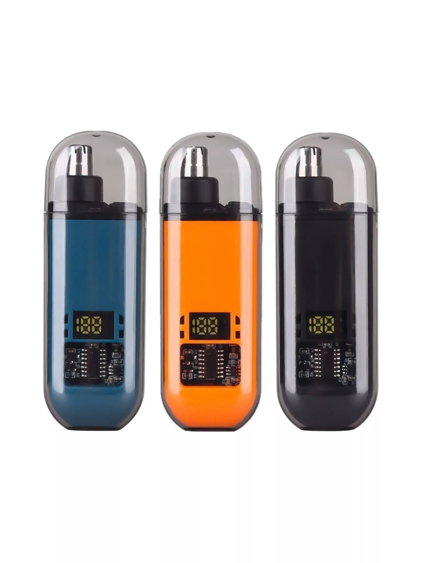 Black rechargeable LED display nose hair trimmer with compact design and ergonomic grip, ideal for grooming nose hairs.