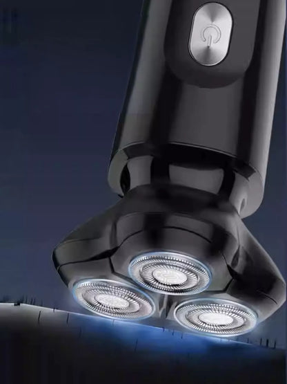 Black rechargeable rotary shaver with multiple rotary blades, designed for smooth, close grooming by Trendsi.