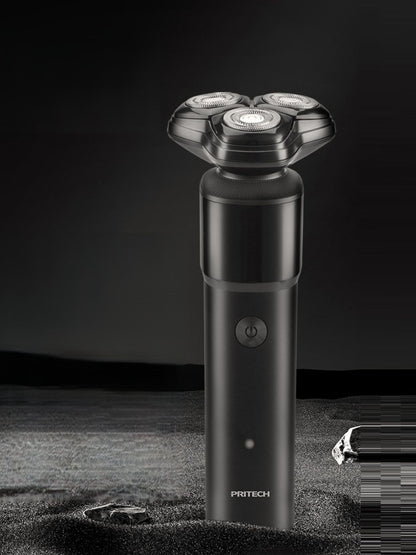 Black rechargeable rotary shaver by Trendsi with multiple rotary blades and a sleek ergonomic design.