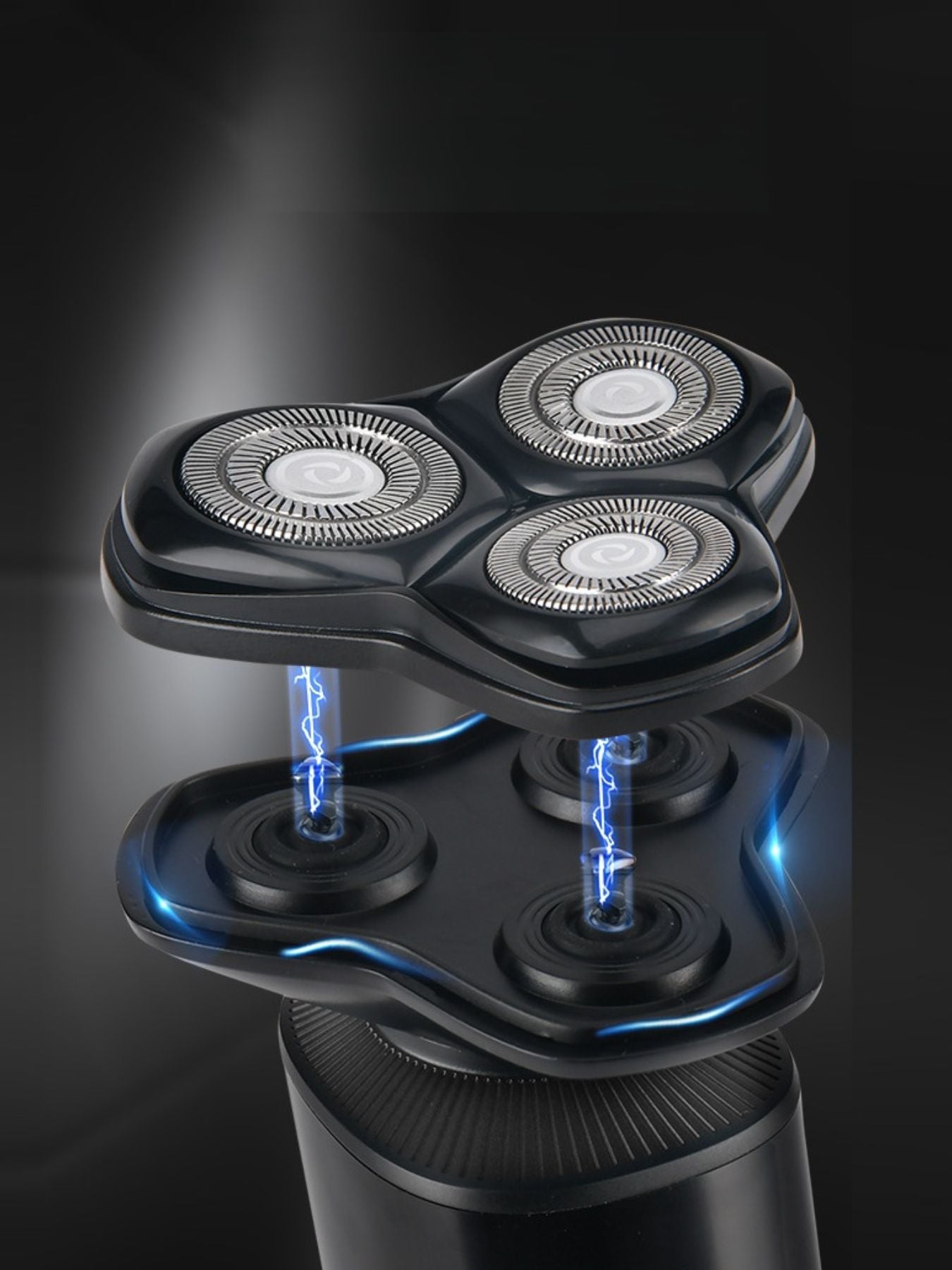 Black rechargeable rotary shaver from Trendsi with a sleek design, featuring multiple rotary blades for smooth shaving.