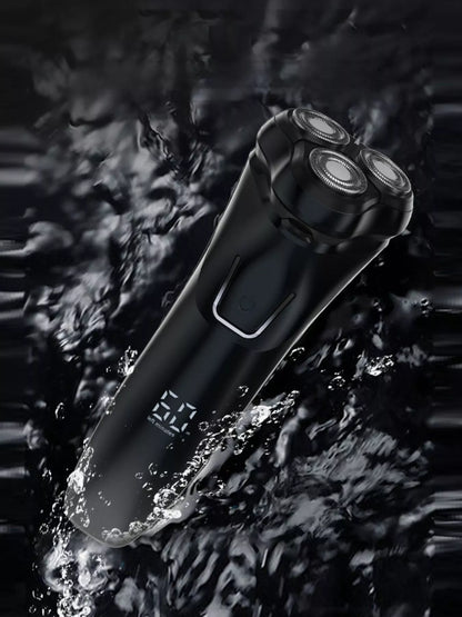 Black rechargeable rotary shaver from Trendsi featuring a sleek design and multiple rotary blades for close, comfortable grooming.