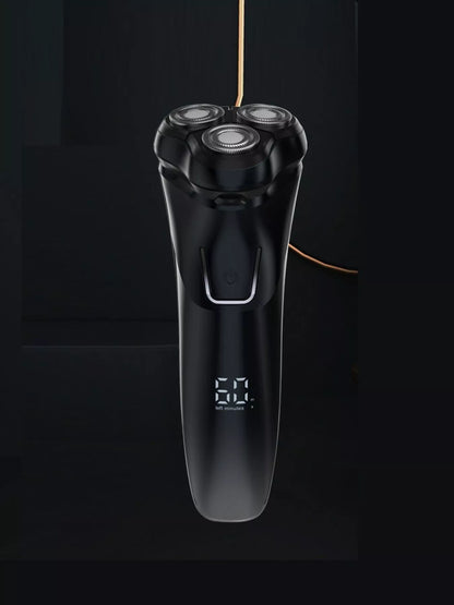 Black rechargeable rotary shaver from Trendsi with multiple rotary blades and ergonomic handle, designed for smooth, close shaving.