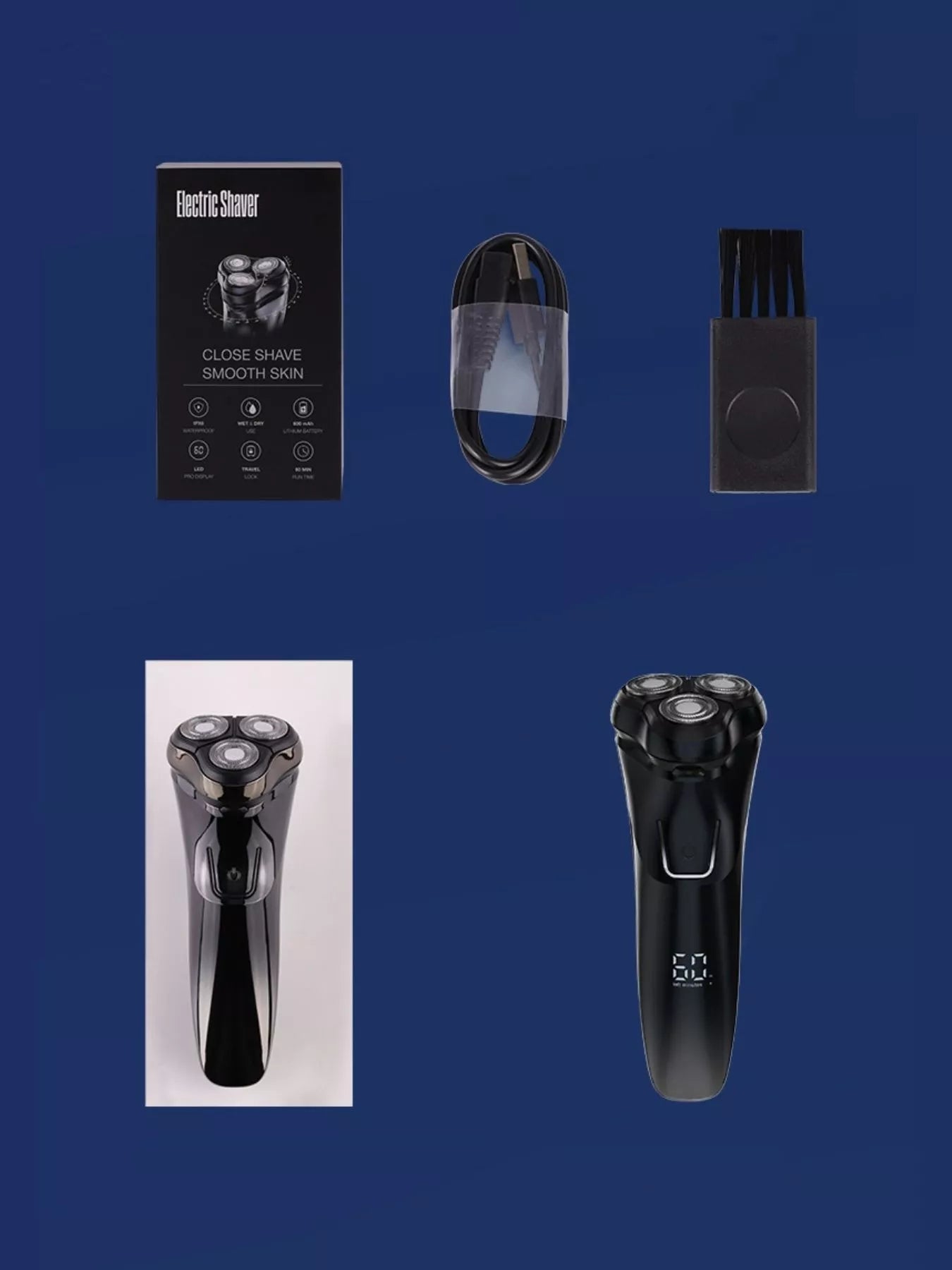 Black Trendsi rechargeable rotary shaver with a sleek design, featuring multiple rotary blades and ergonomic grip.