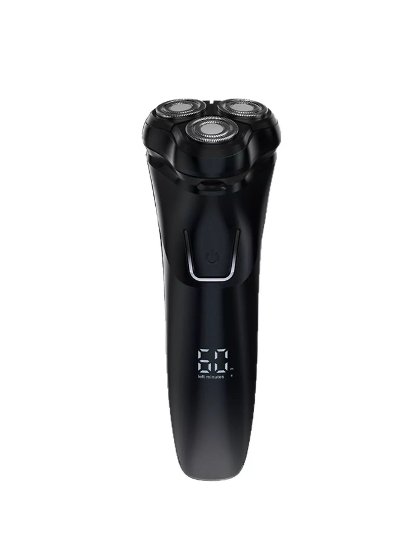 Black rechargeable rotary shaver from Trendsi with a sleek handle and rotating blades for close, comfortable grooming.