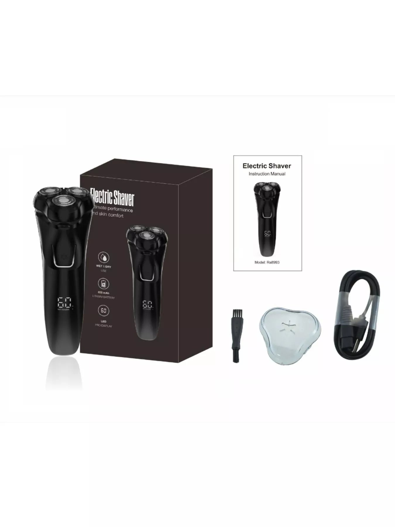 Black rechargeable rotary shaver from Trendsi with a sleek design, featuring multiple rotary blades for a close, comfortable shave.