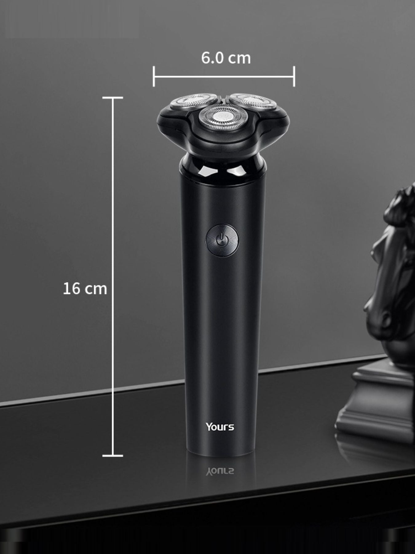 Black Trendsi rotary electric shaver with a sleek design, featuring a one-size-fits-all head and ergonomic grip.