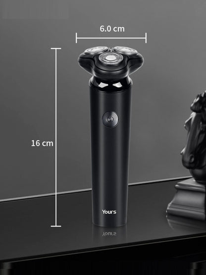 Black Trendsi rotary electric shaver with a sleek design, featuring a one-size-fits-all head and ergonomic grip.