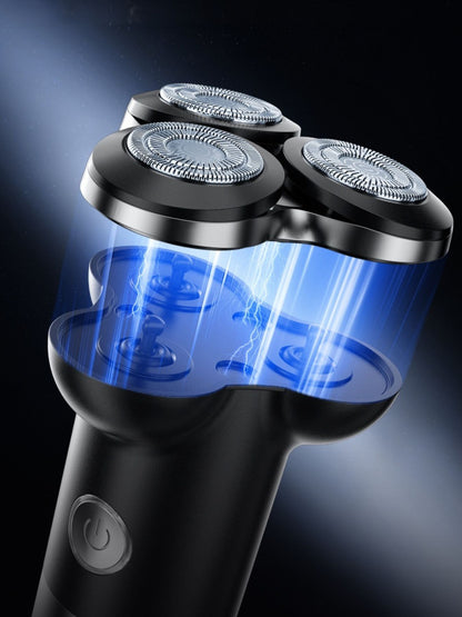 Black Trendsi triple-blade rotary electric shaver with ergonomic handle and three rotating blades for a close, smooth shave.