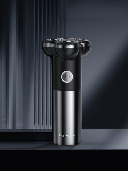 Black Trendsi triple-blade rotary electric shaver with three rotating blades and ergonomic handle for smooth, close shaving.